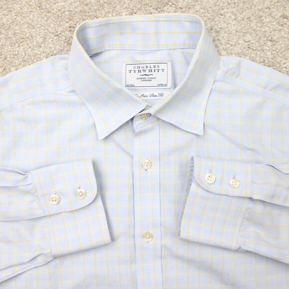 Charles Tyrwhitt Shirt Mens 16 1/2, 35 Blue/Yellow Non-Iron Slim Fit Cotton L/S - Picture 1 of 13